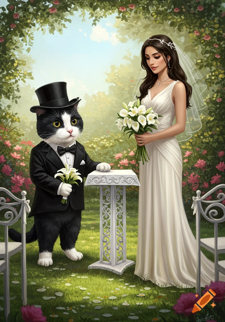 A tuxedo cat holds flowers and stands next to a woman in a wedding dress holding a bouquet in a garden.