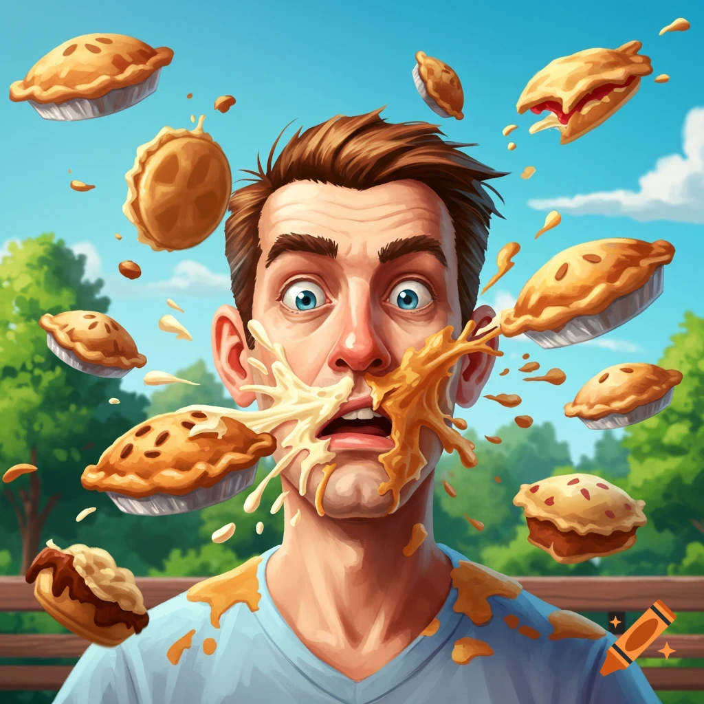 Illustration of a man getting hit in the face with multiple pies.