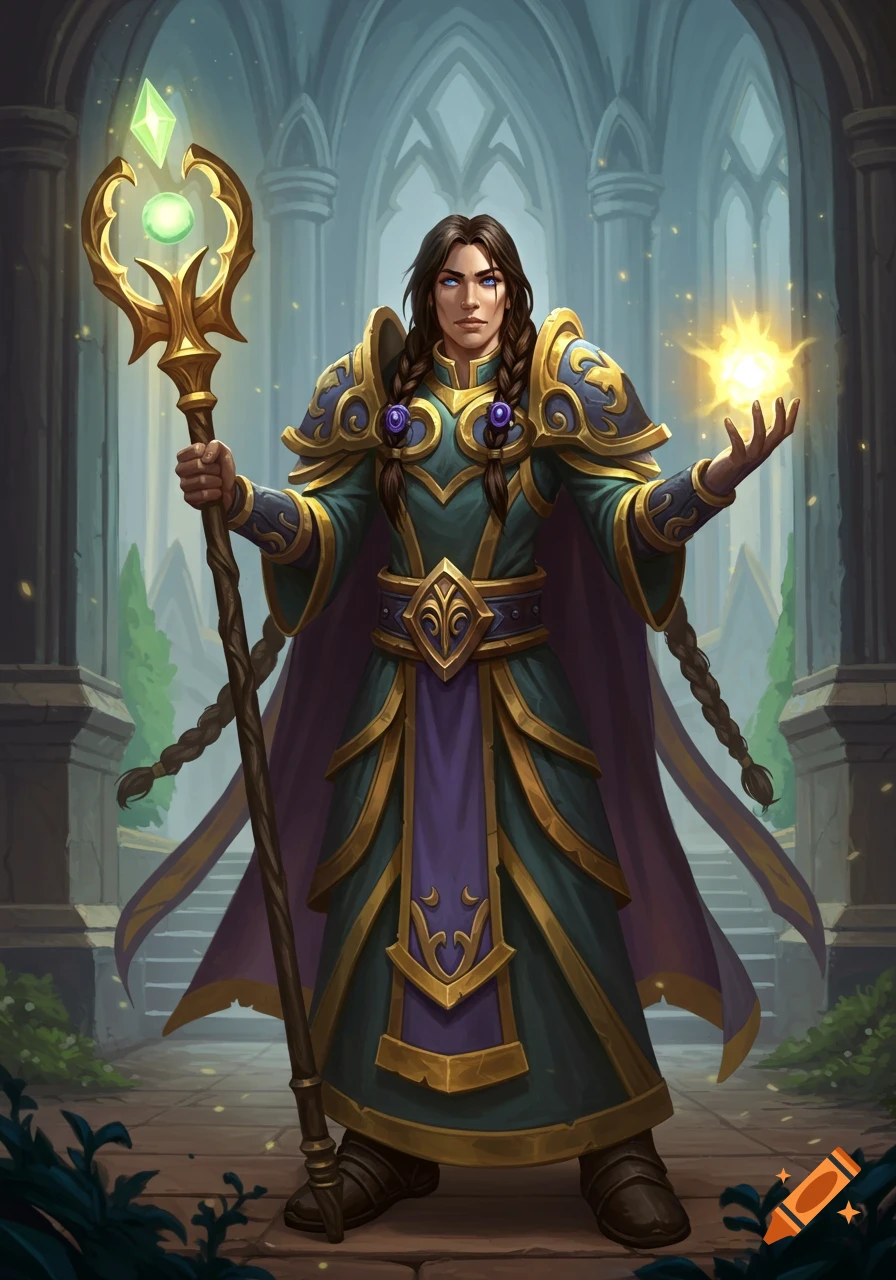 A fantasy character, a priest, standing in an arched hallway, holding a staff and casting a spell, digital painting.