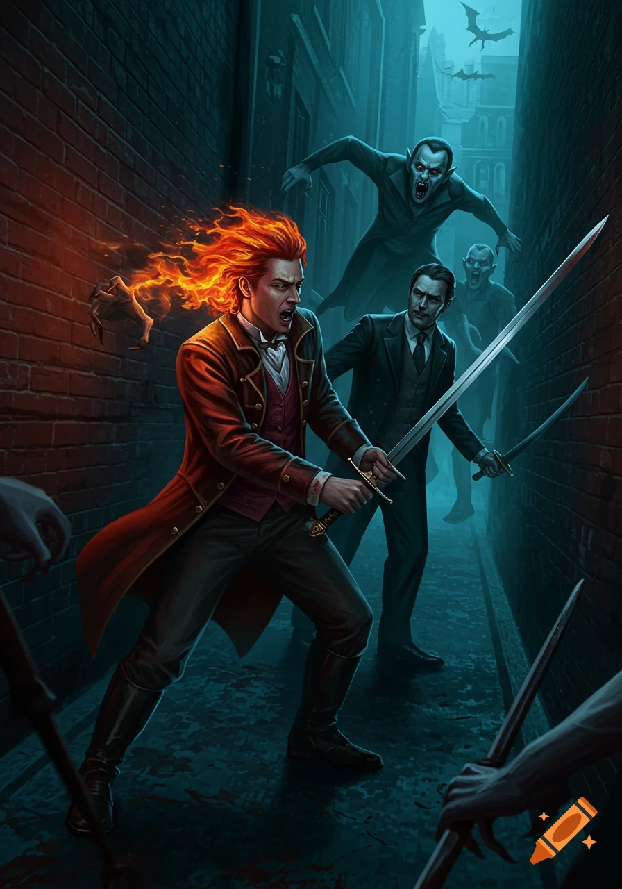 Man with flaming hair and a man fighting vampires in a dark alley