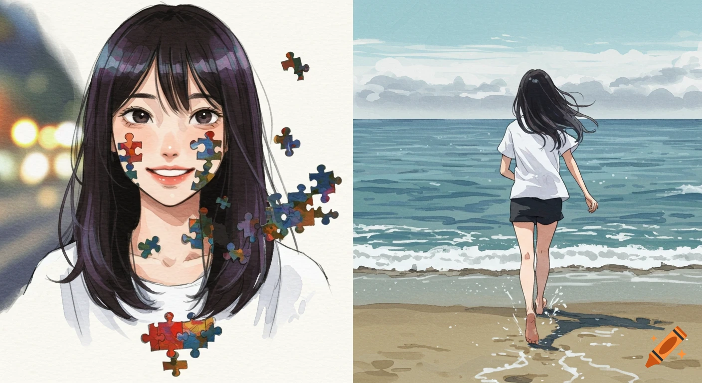 Diptych illustration of a woman with puzzle pieces on her face and a woman running into the sea, watercolor style.