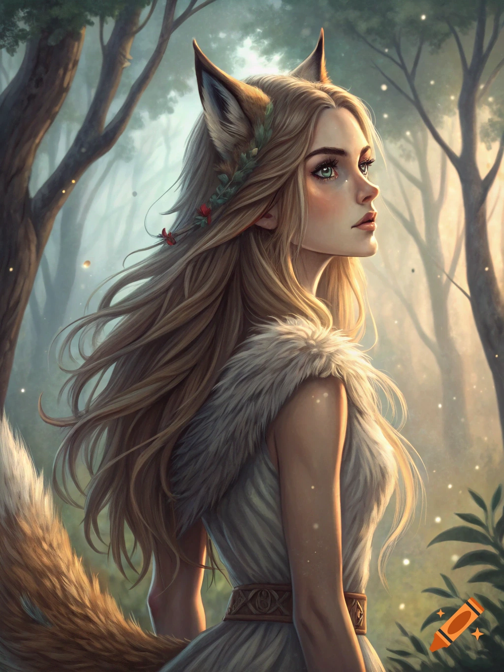 Blonde woman with fox ears and tail in a dress in a misty forest, digital art.