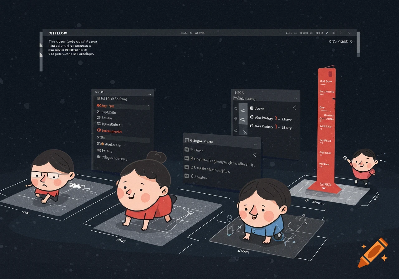Cartoon people with charts and computer interfaces related to gitflow