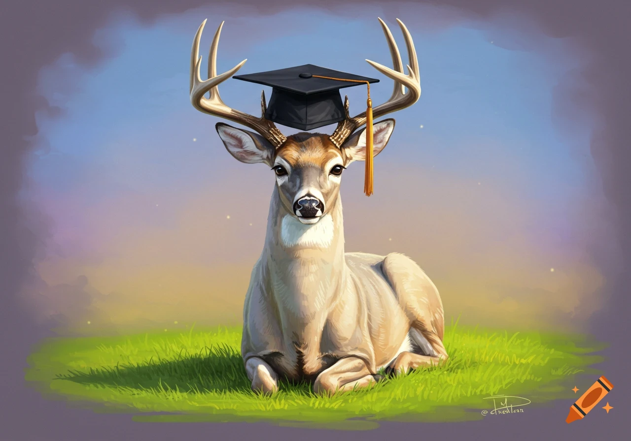 A deer with antlers wears a graduation cap.