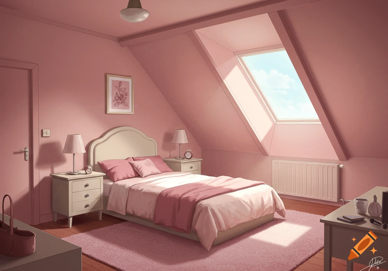 A pale pink attic bedroom with a bed, nightstands, window, radiator, and dresser.