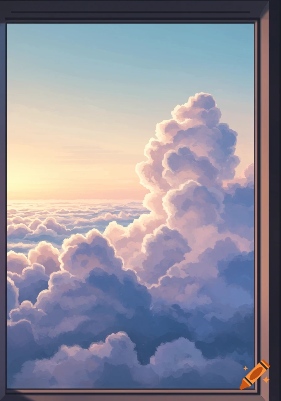 Anime style view from a window above clouds during sunrise or sunset.