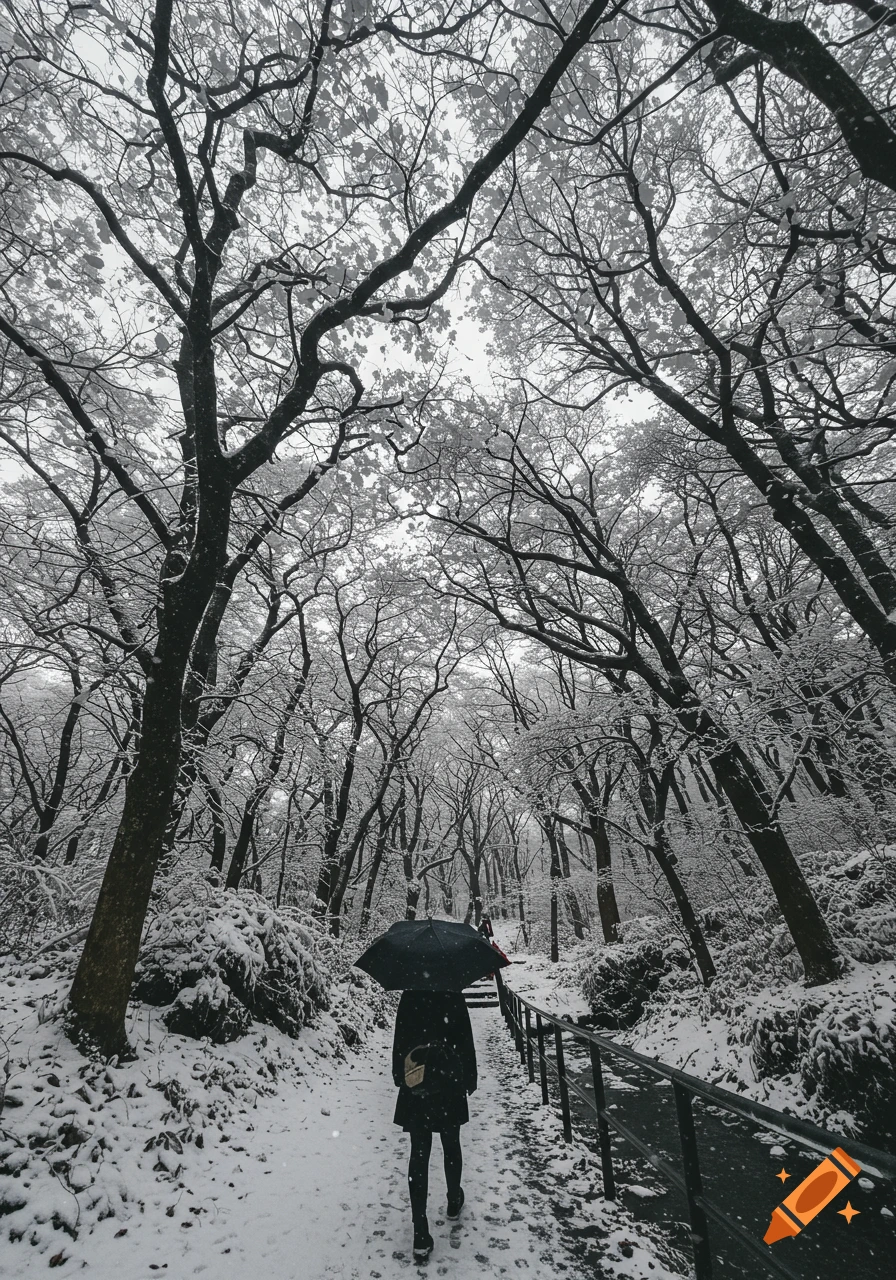 Person with umbrella walks on snowy path through winter forest.