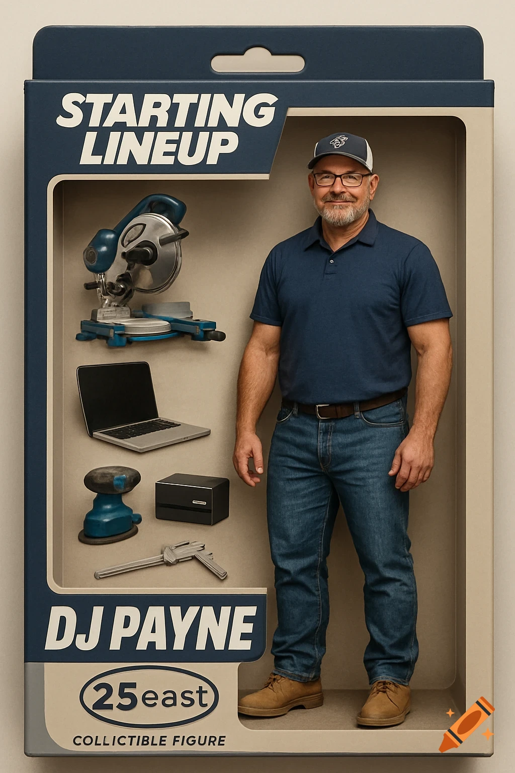 A man is depicted as an action figure in a toy box with a miter saw, laptop, sander, and calipers.