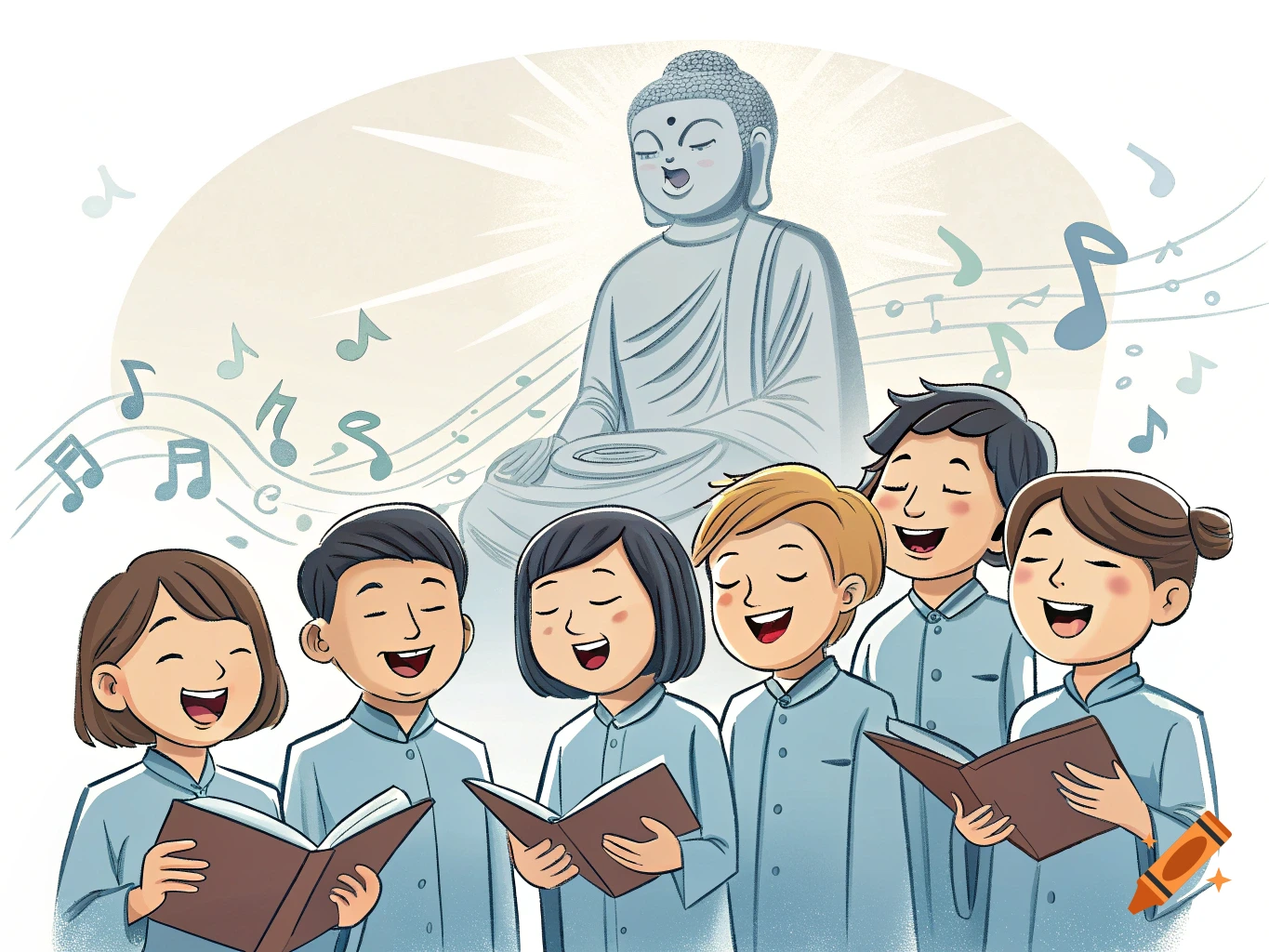 Illustration of diverse children singing in a choir with musical notes and a Buddha statue in the background