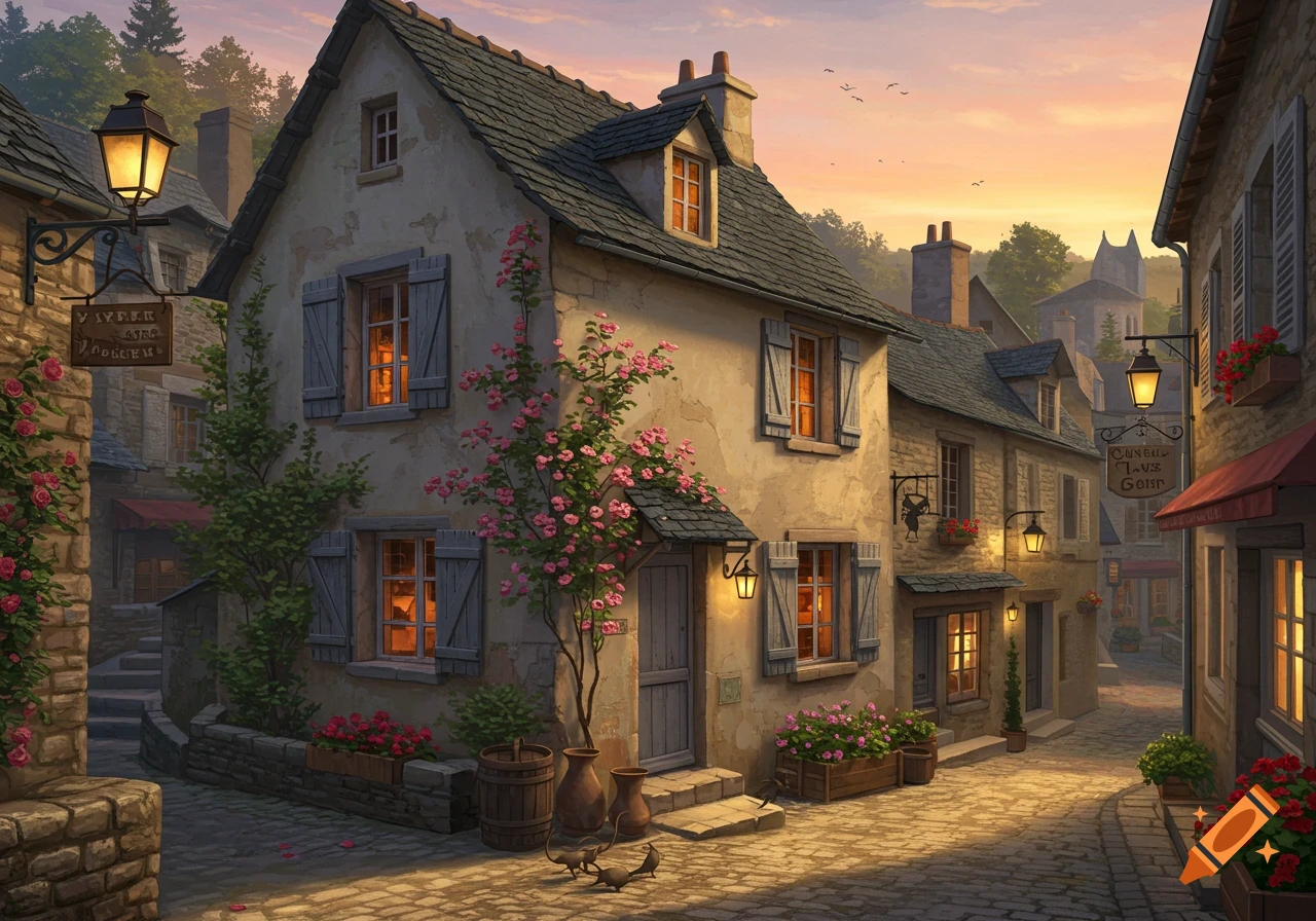 A charming village street scene with stone houses, flowers, and lanterns at sunset.