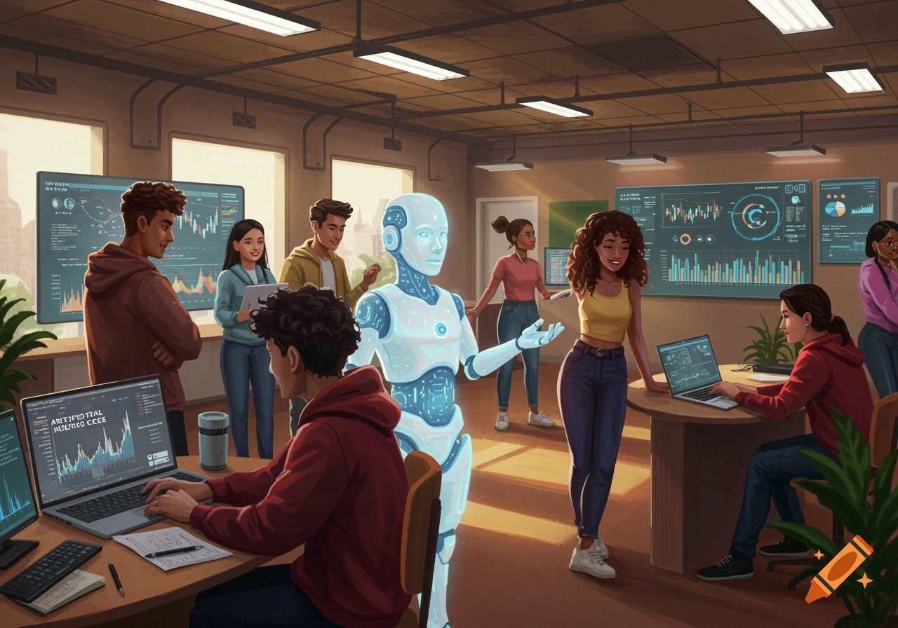 Diverse youth and a robot looking at screens with charts and data in a lab, stylized digital illustration.