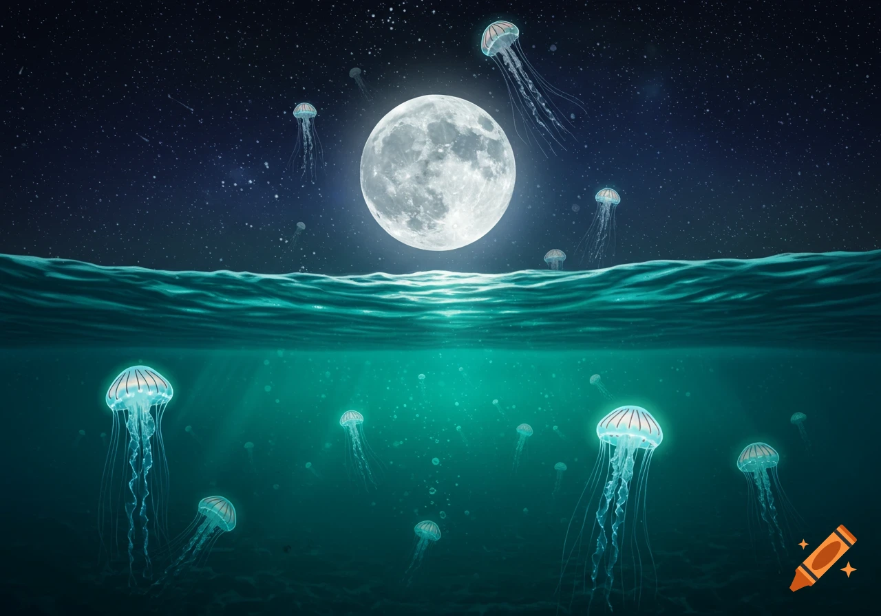 Jellyfish swimming in the ocean with the moon and stars above the surface.