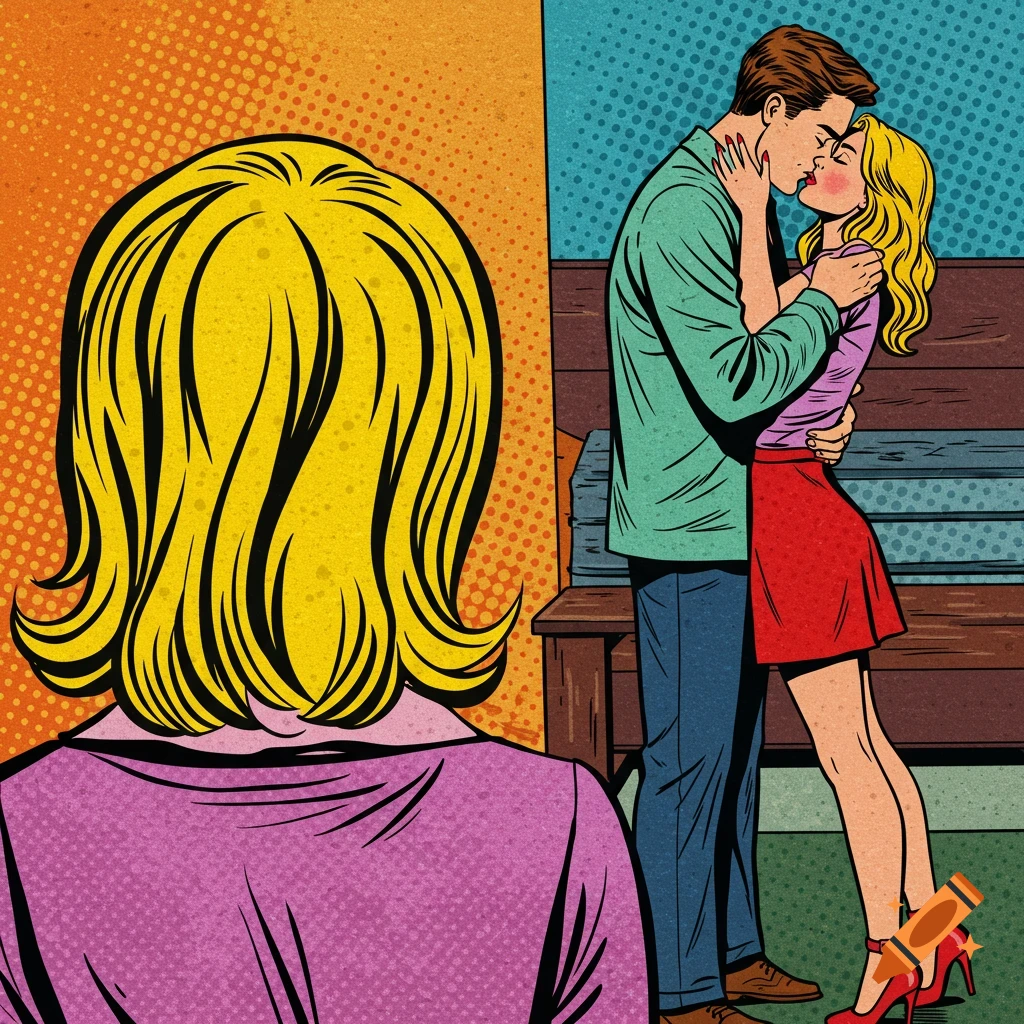 Pop art illustration of a blonde woman looking over her shoulder at a couple kissing.