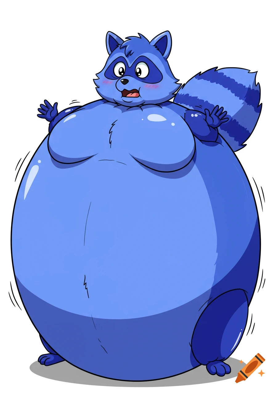 Cartoon illustration of a blue, greatly inflated anthropomorphic raccoon standing