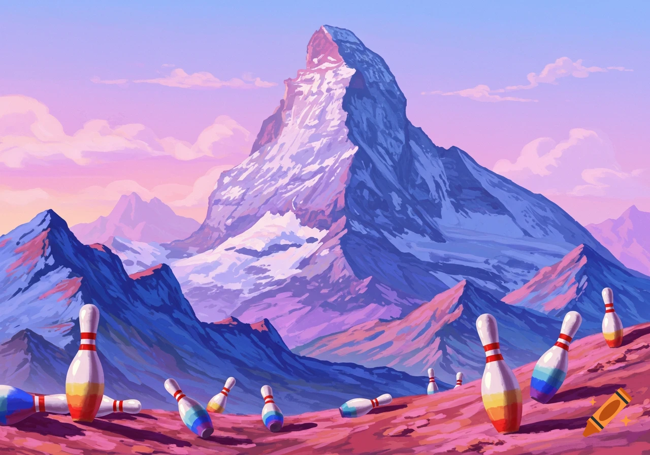 Painterly landscape with colorful mountains and scattered rainbow bowling pins.