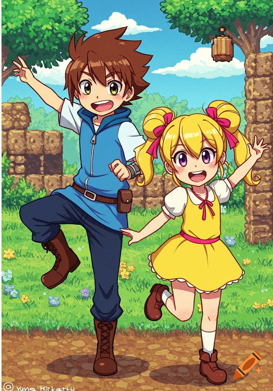 Anime characters, a boy and a girl, pose happily in a field with trees and stone structures.