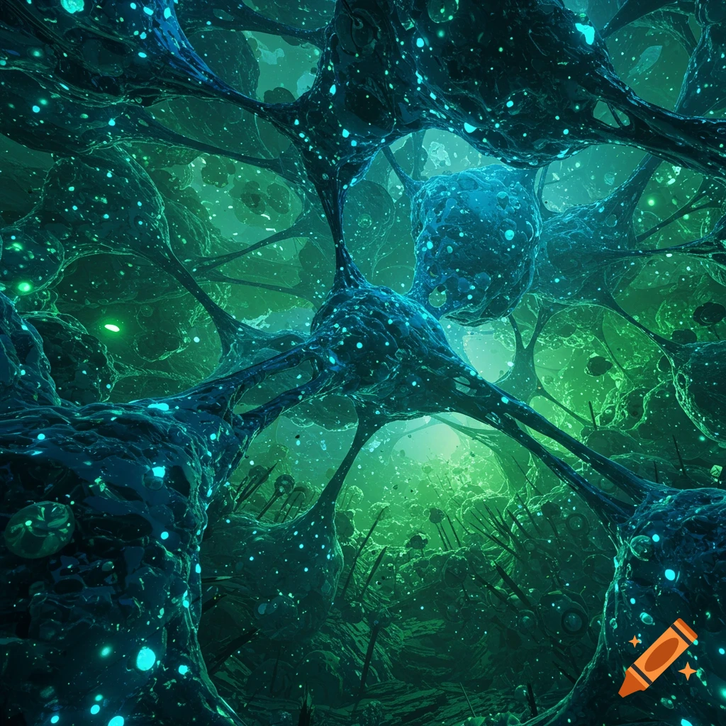 Close-up view of glowing green and blue microscopic organic structures resembling neurons.