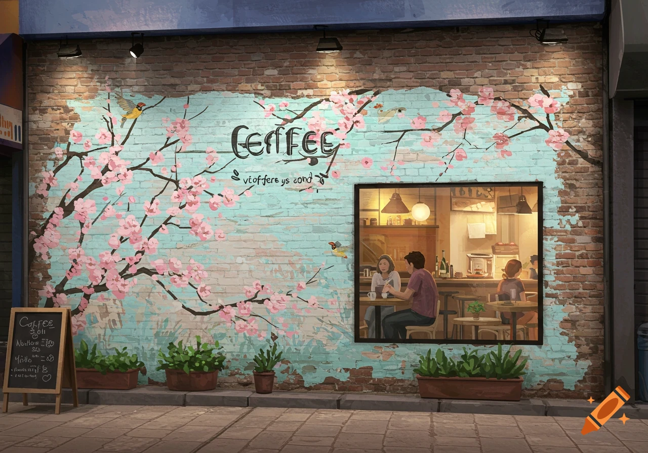 Illustration of a cafe exterior with a mural of cherry blossoms and text on a brick wall, showing a window with people inside.