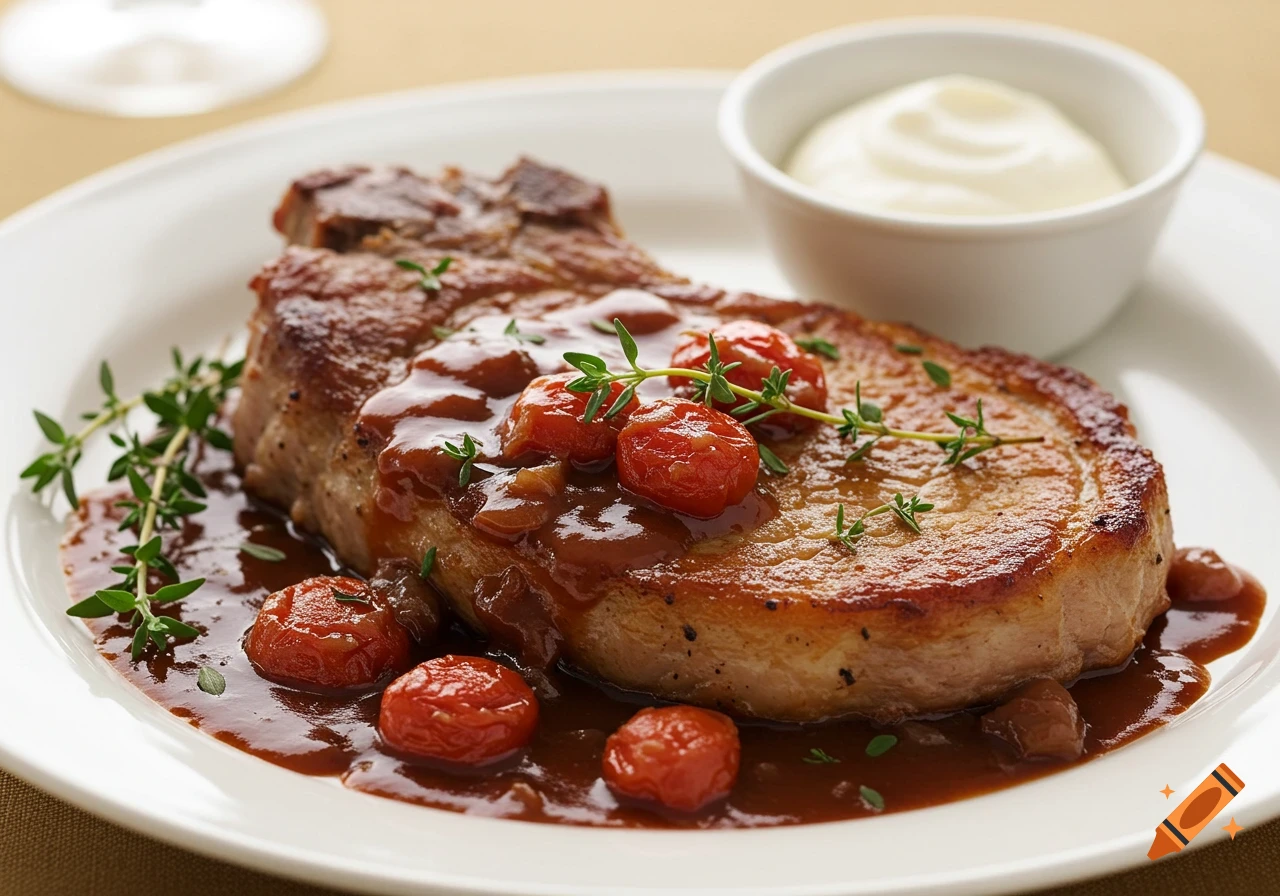 Close-up photo of a pork chop with tomato sauce and thyme on a plate with cream.