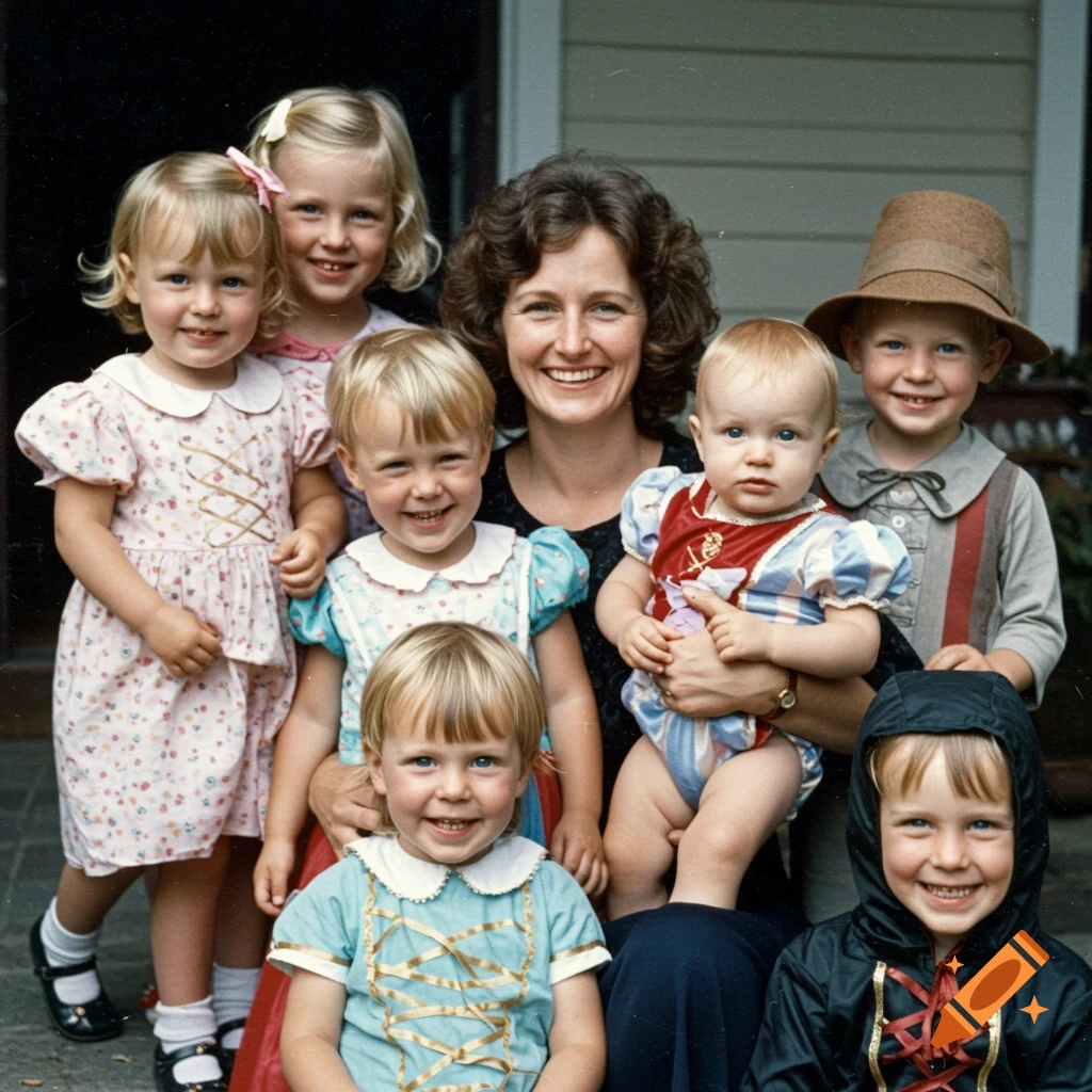Family portrait of a woman and children smiling in costumes, 1970s photo.