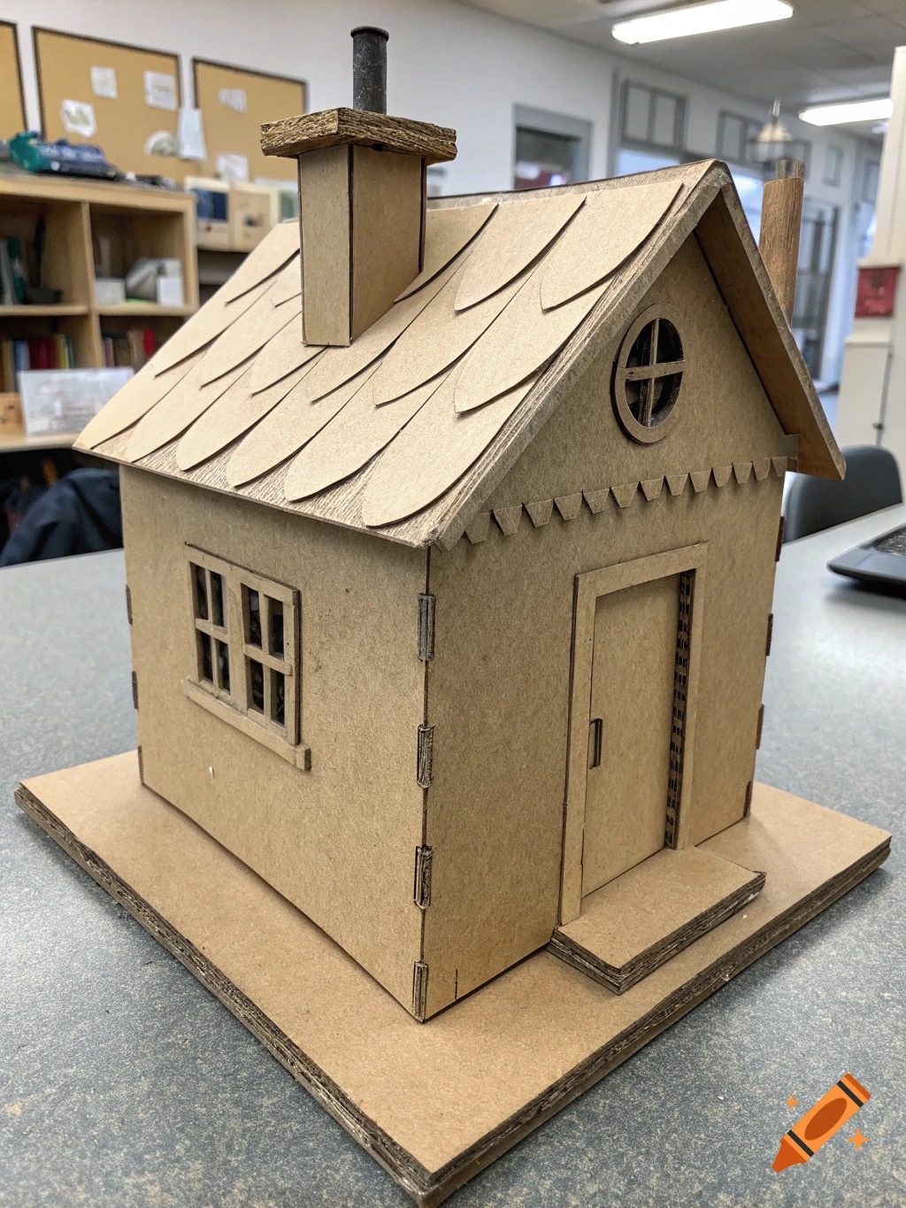 A detailed cardboard model of a small house with a chimney and shingled roof, sitting on a table.