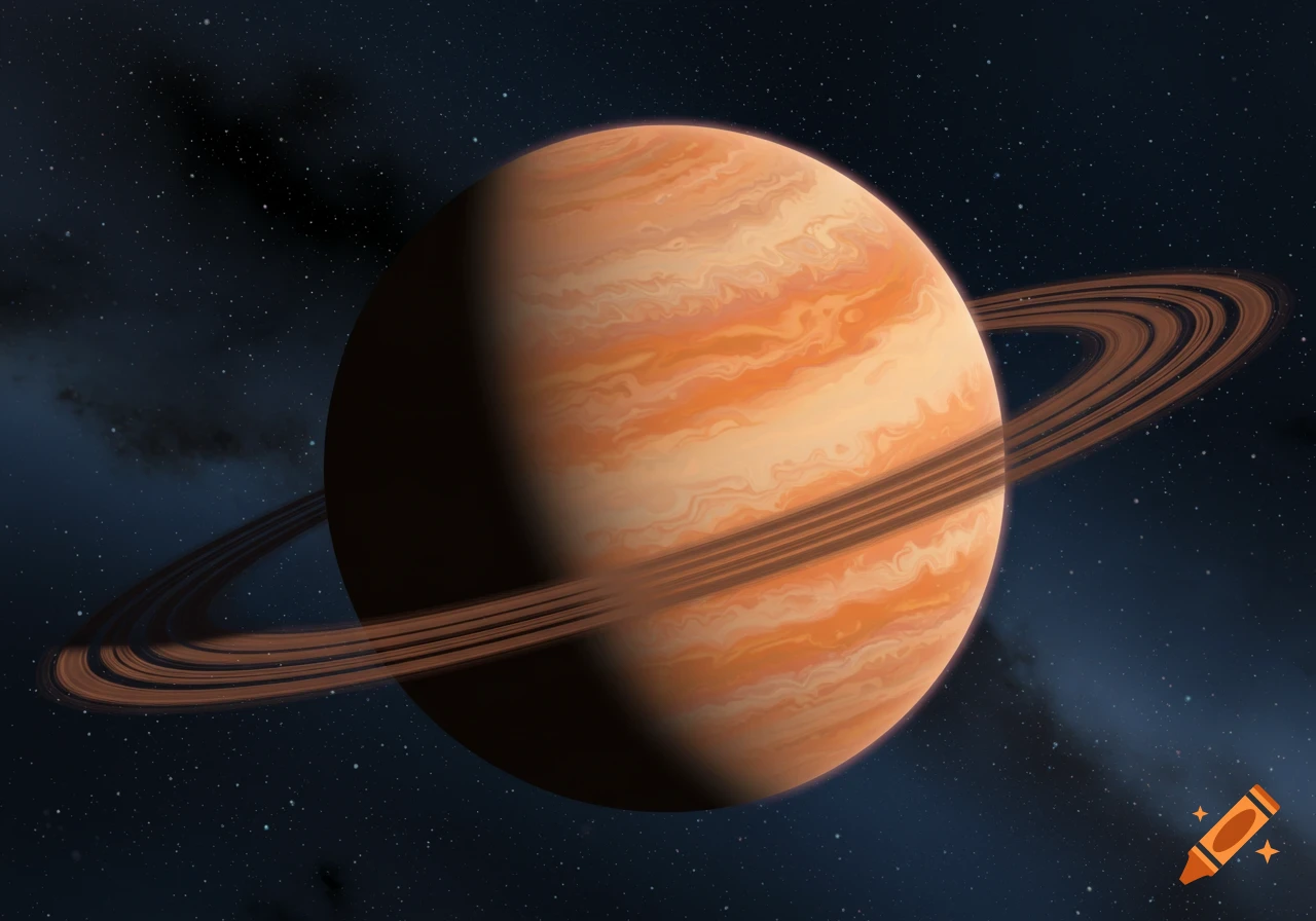 An orange and tan gas giant planet with brown rings shown in space against a dark background with stars.