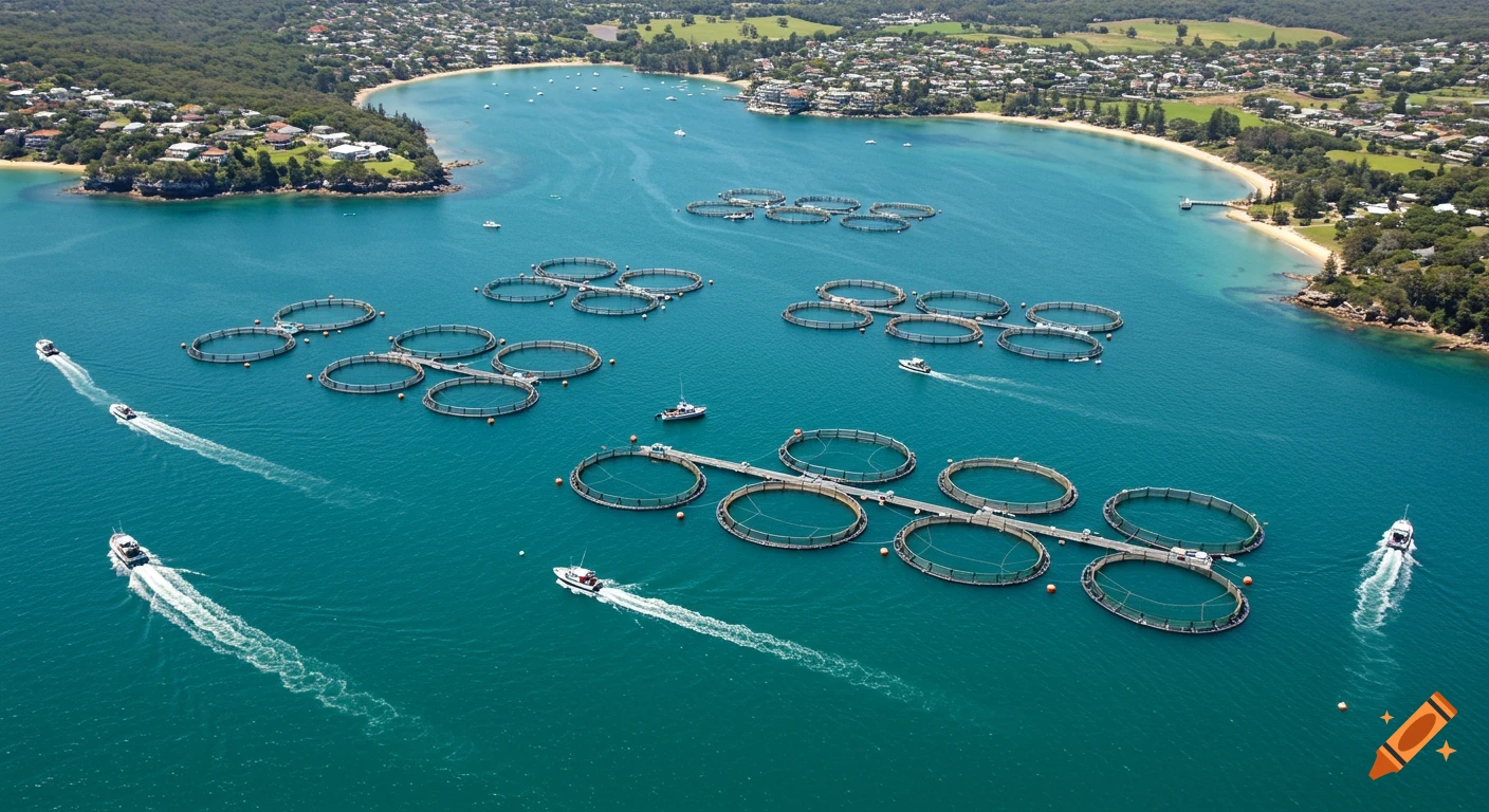 Aerial view of fish farms and boats in a bay near a town and coastline.