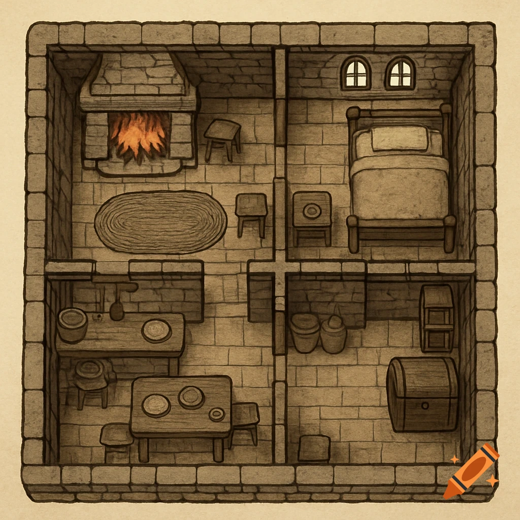 Top-down view of a medieval house floor plan with furniture.