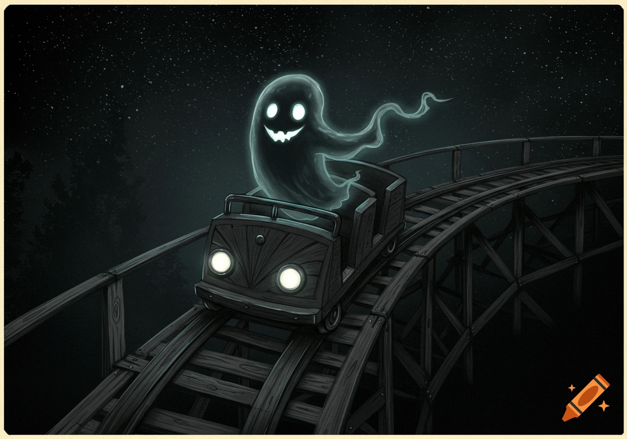 An illustration of a glowing ghost riding a dark roller coaster car under a starry night sky.