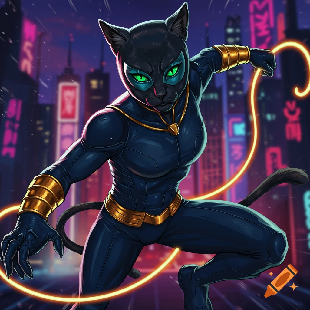 A black cat-like figure in a superhero suit with golden accents poses dynamically against a neon-lit cityscape background.
