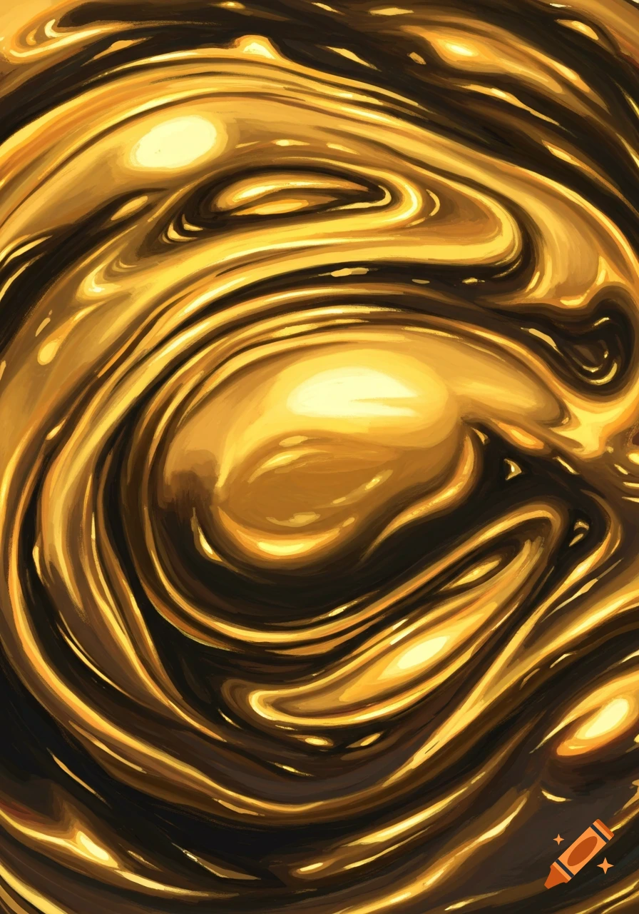 Abstract swirling patterns of gold and dark liquid.
