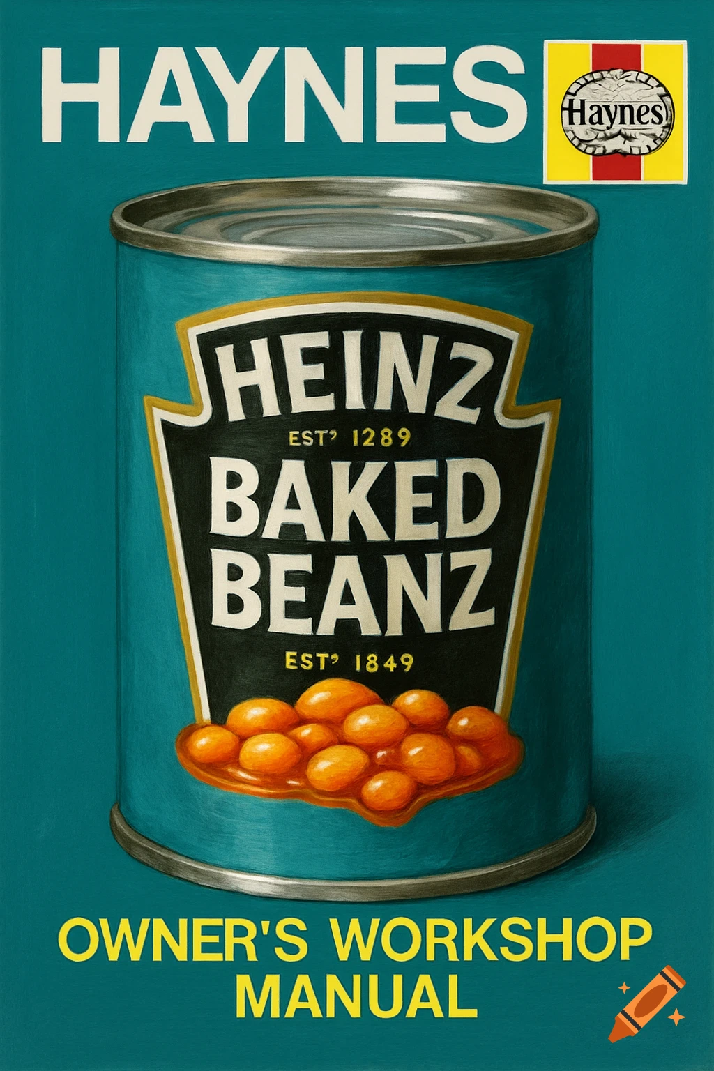 Illustration of a can of Heinz Baked Beans designed like a Haynes Workshop Manual cover.