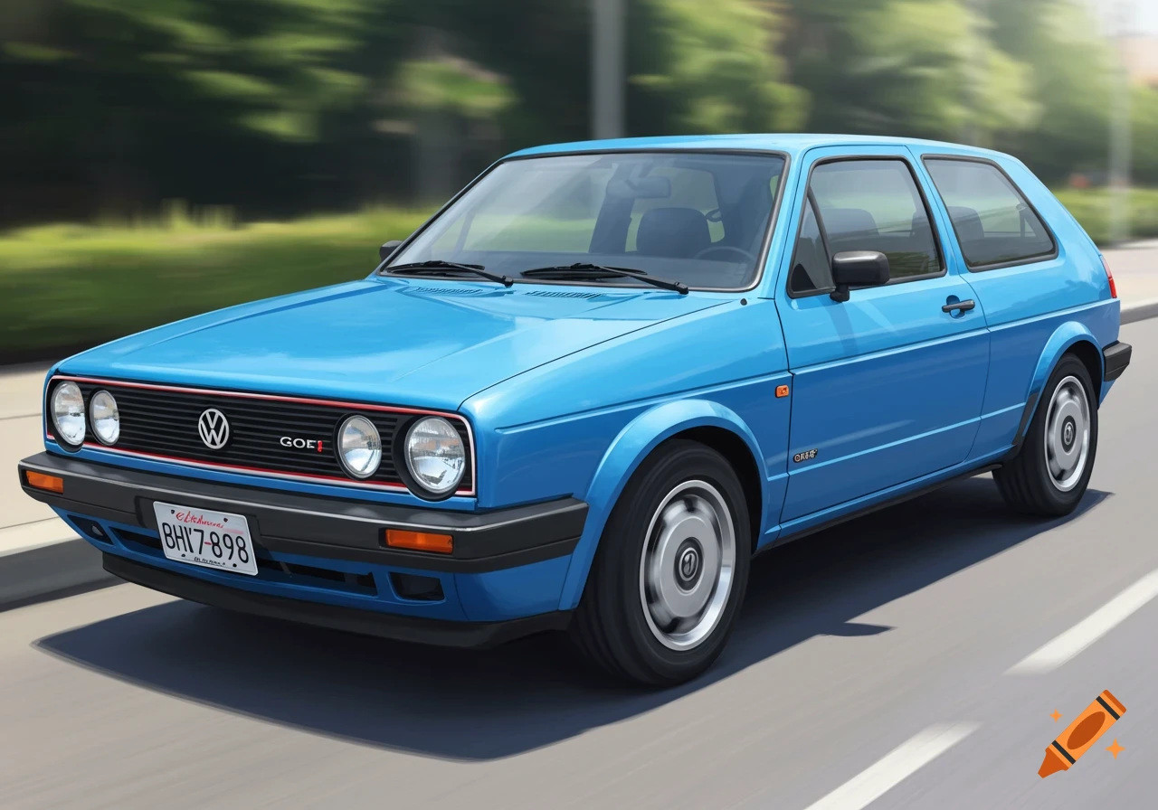 A bright blue Volkswagen Golf Mk2 GTI drives on a road.