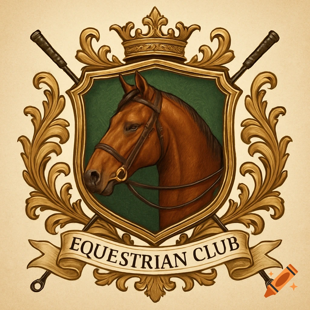 Fancy equestrian club emblem with horse head, crown, riding crops, and banner