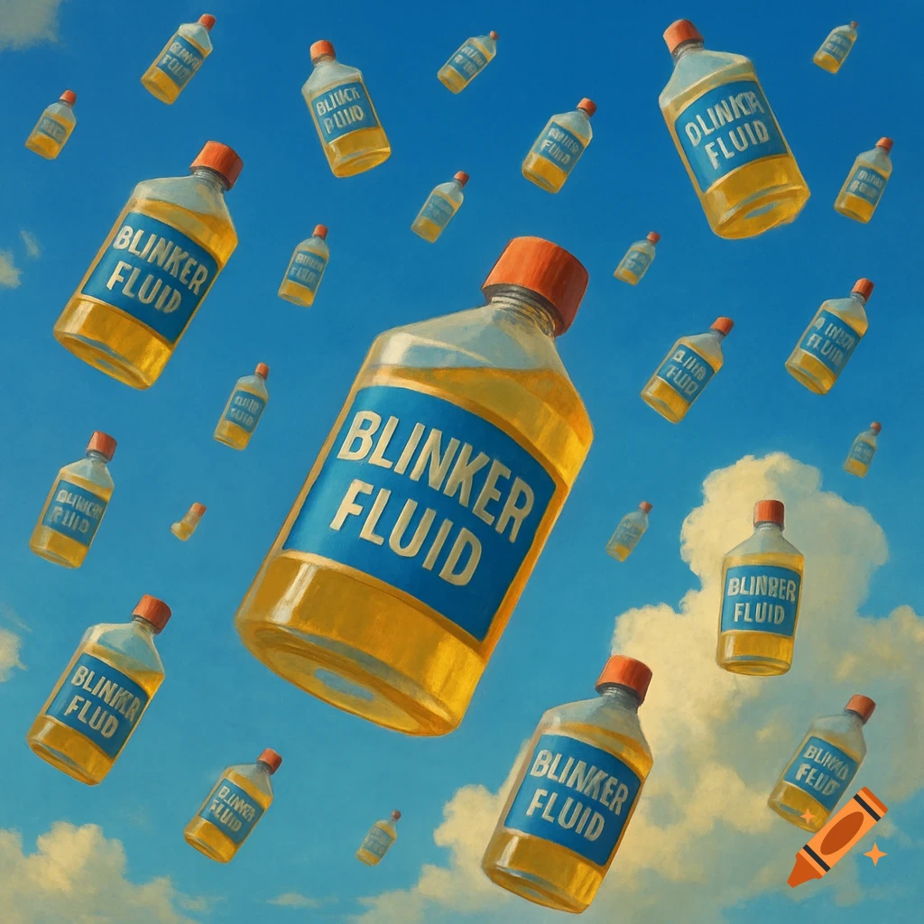 Multiple bottles labeled "BLINKER FLUID" floating in a blue sky with clouds.