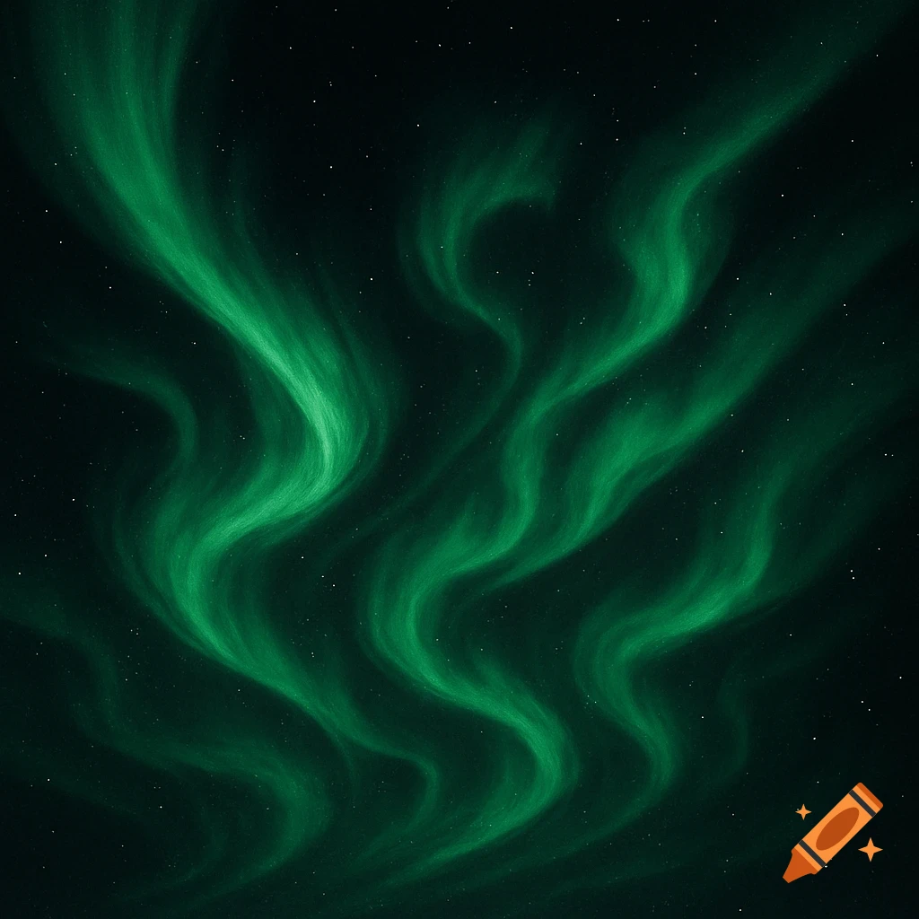 Green aurora borealis streaks in a dark night sky with stars.