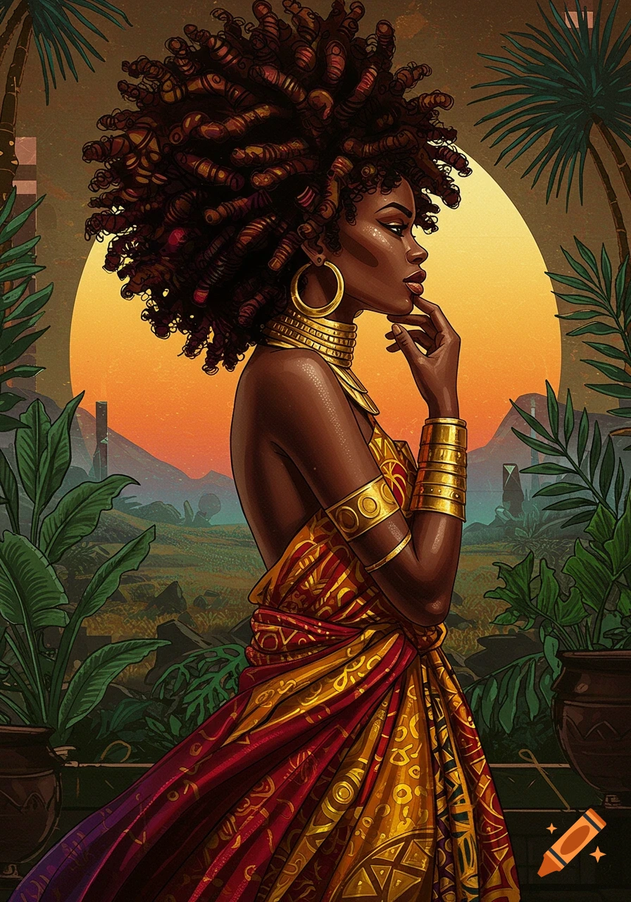 Portrait of a Black woman with braided hair and golden jewelry in a landscape with a setting sun.