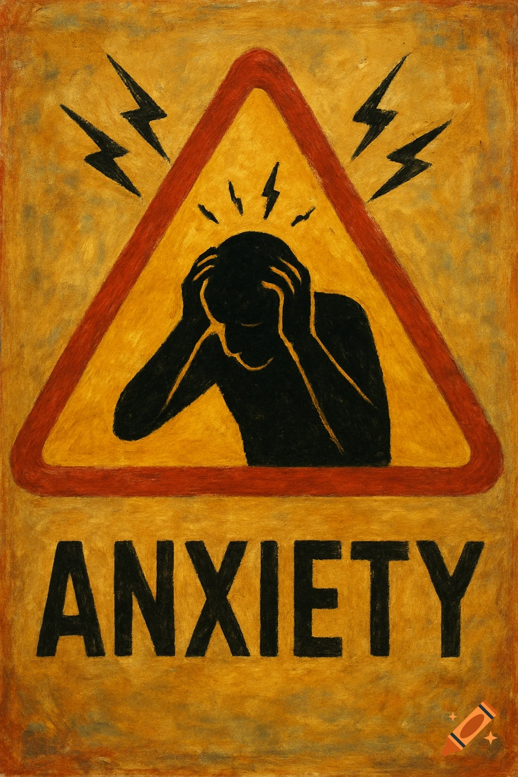 Graphic warning sign for anxiety with a silhouette of a person holding their head in a triangle and lightning bolts, textured style.
