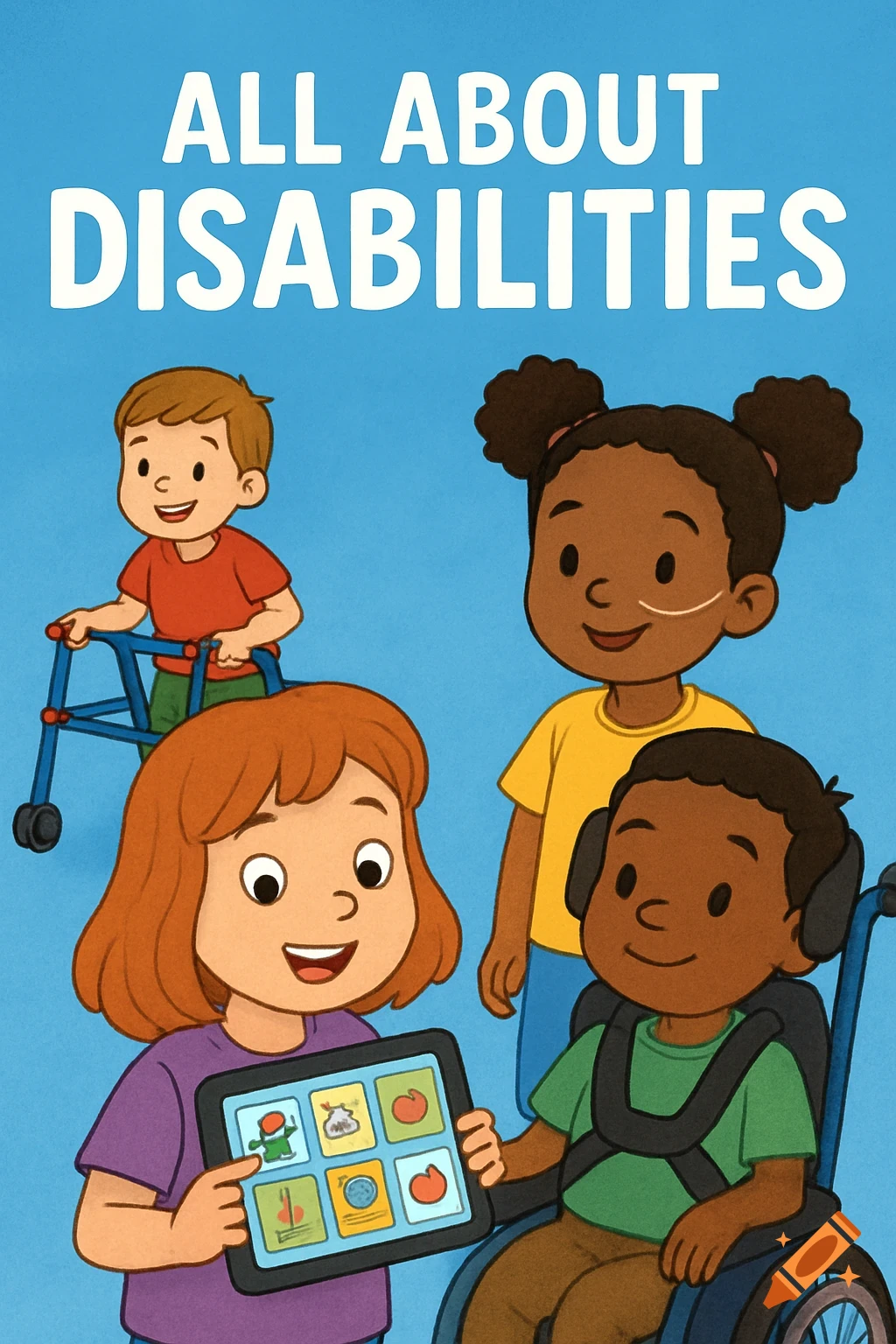 Cartoon illustration of four children with disabilities under the title ALL ABOUT DISABILITIES.