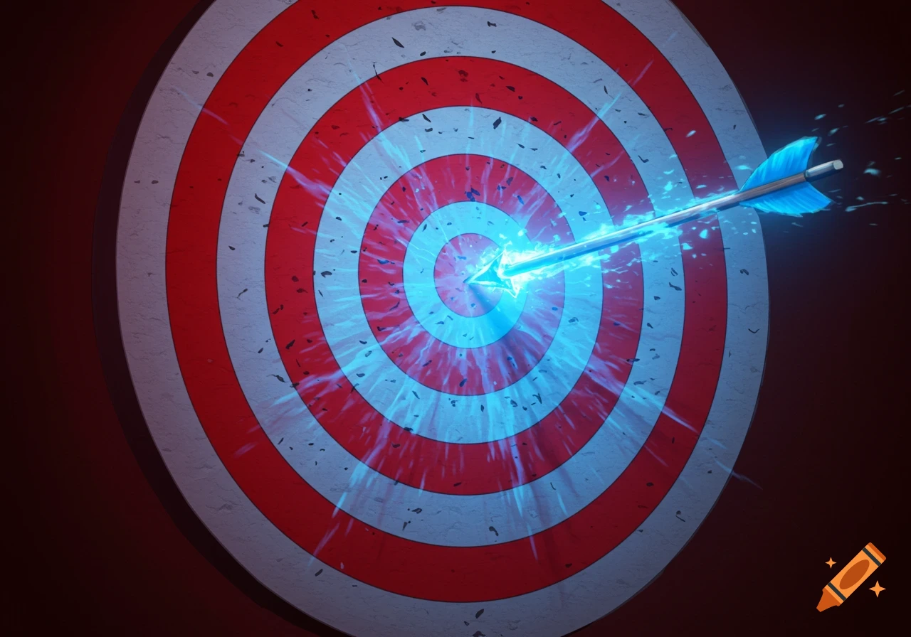 Blue arrow hitting the bullseye of a red and white archery target with a blue glow.