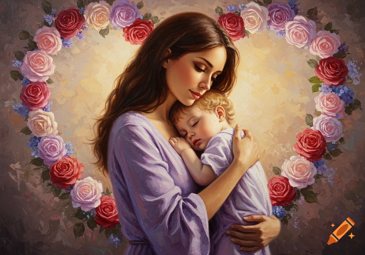 Oil painting of a mother holding her sleeping baby, surrounded by a heart-shaped wreath of roses.