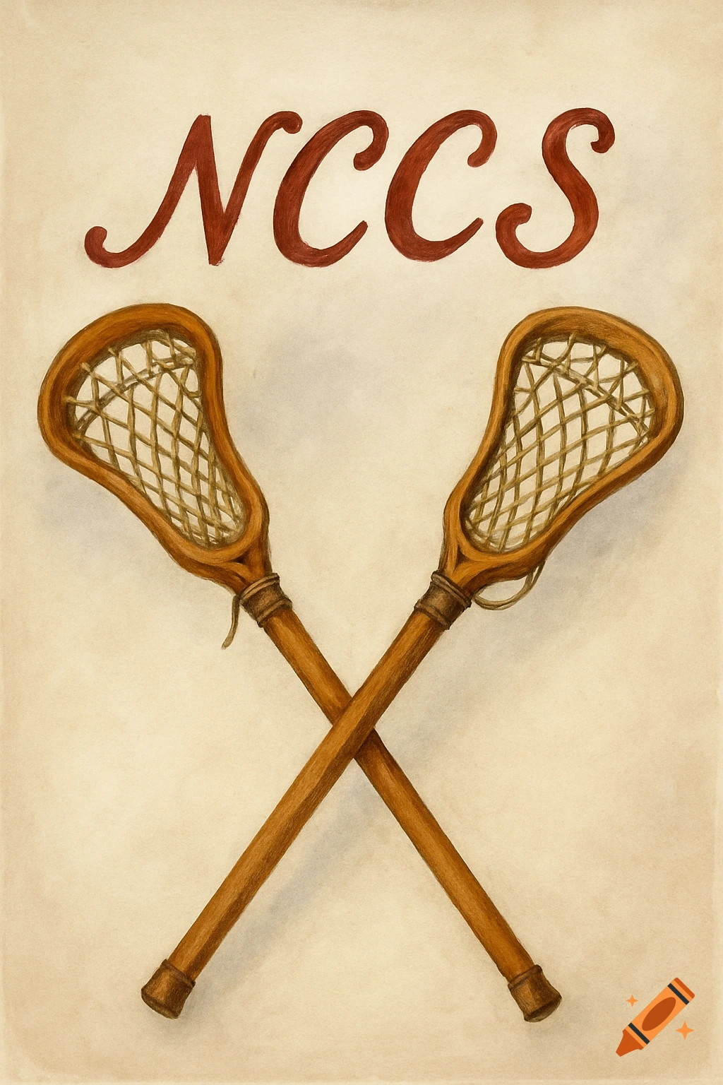 Two crossed lacrosse sticks with the text NCCS in cursive above on a textured background. Illustration style.