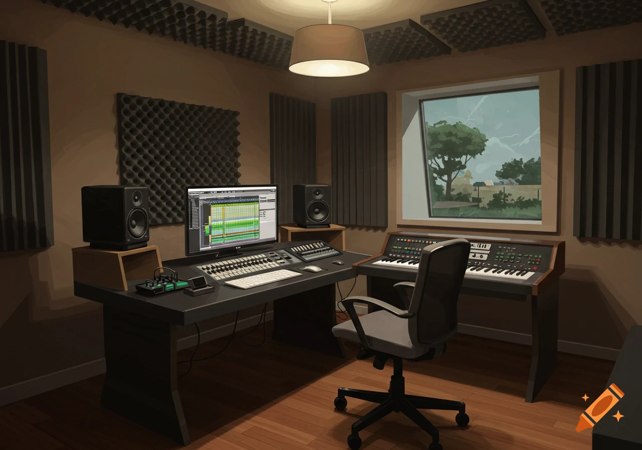 A home music production studio with computer, speakers, keyboard, and acoustic panels.
