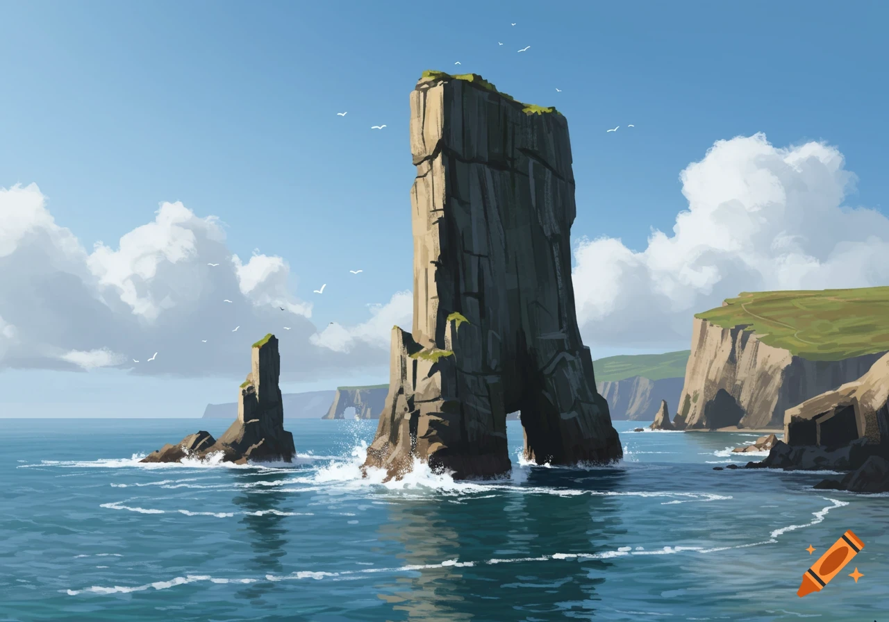 Digital painting of sea stacks rising from the ocean near a grassy coastline.