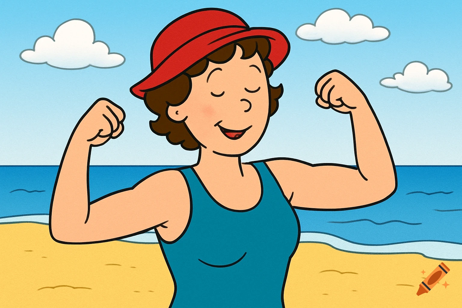 A cartoon woman resembling Caillou's mom flexes her muscles at the beach.