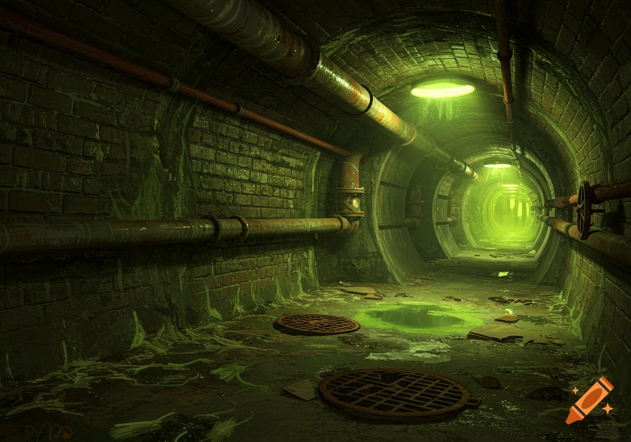 Dark sewer tunnel with green lights, pipes, and grime leading into the distance.