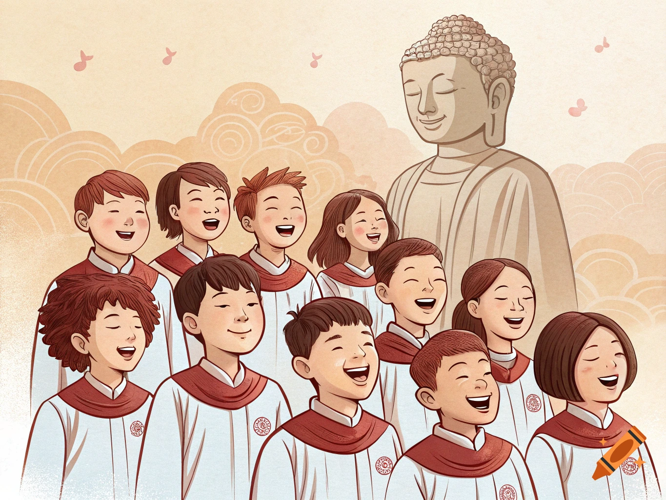 Illustration of a children's choir singing happily next to a Buddha statue.