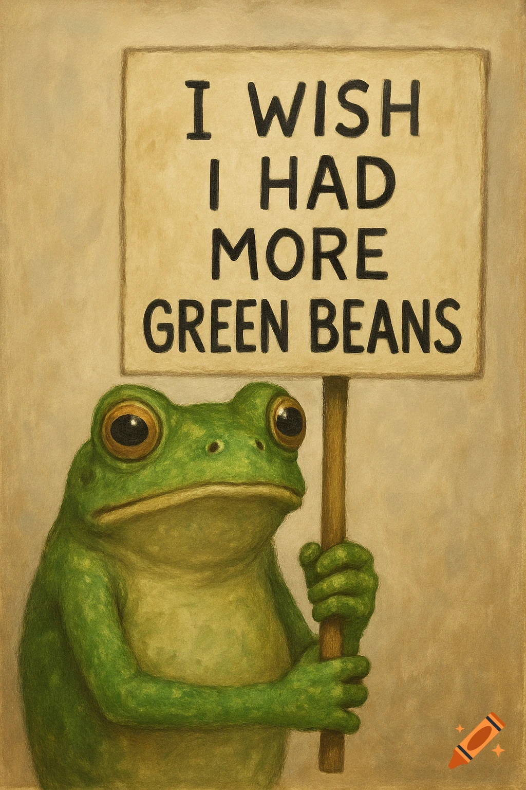 A green frog holds a sign that reads 'I wish I had more green beans' in a whimsical illustration.