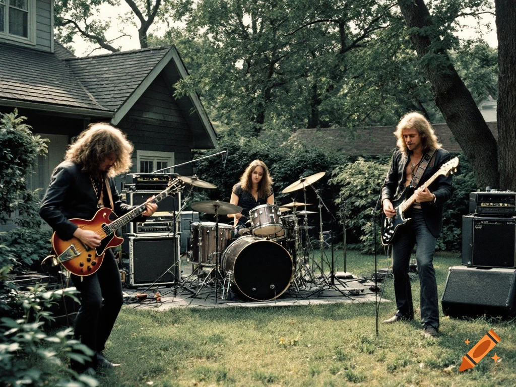 A rock band plays guitars and drums in a backyard concert, photograph