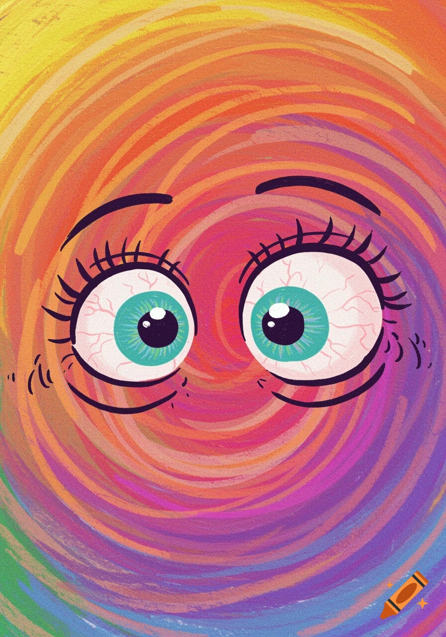 Cartoon eyes rolling against a colorful swirling background.